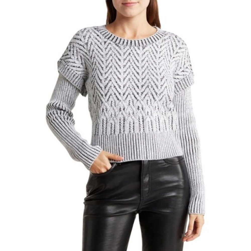 NWT DKNY Herringbone Cropped Sweater Women's Large White Black‎ Knit Ribbed